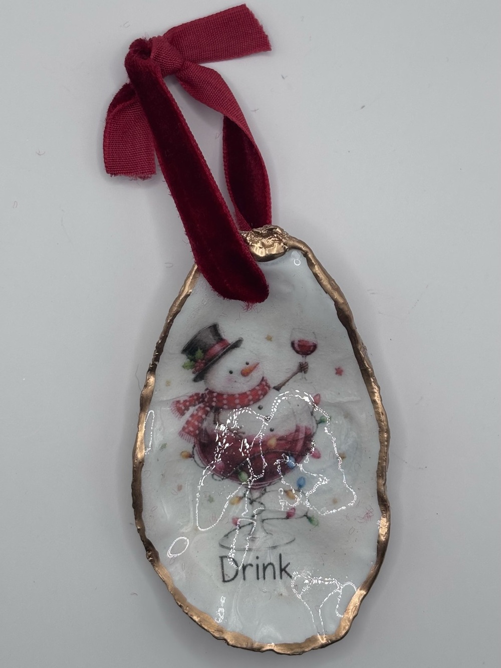 Holiday Snowman 'Drink' Oyster Shell Ornament - Red Accent - Picture 2 of 3